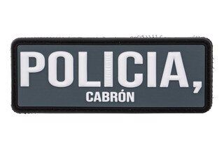 Violent Little Machine Shop Policia, Cabron Morale Patch features a gray background, white lettering and a black border